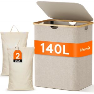 MEVRONISSHOP-Panier &agrave; Linge avec Sacs Amovibles, Grande Corbeille &agrave; Linge Pliable en Bambou avec Couvercle, Laundry Basket pour Chambre, Salle de Bain, Buanderie, 2 Compartiments, 140 L, Beige - Neuf