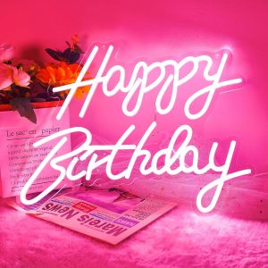 Kuwl-Panneau Néon Happy Birthday, Décoration Murale Pour Chambre À Coucher Veilleuse D'anniversaire Panneau Lumineux Pour Fête D'anniversaire Interrupteur À Alimentation Intensité Variable-Rose - Neuf