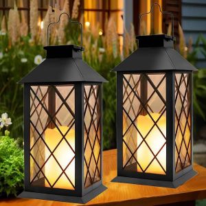 Lanterne Solaire Exterieur 2 Pi&egrave;ces Grande Lampe Solaire Jardin Avec Bougie, Verre Tremp&eacute;, Lampe De Table &Eacute;tanche Suspension Lampe, Solaire Exterieur A Poser Pour Balcon Jardin Terrasse - Noir - Neuf