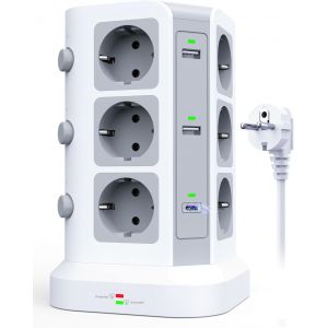 2 Ports [20W USB C] Tour Multiprise Parafoudre, Multiprise avec USB C supportant QC/PD3.0 et 4 USB A,12 Prises multiprise avec 3 Interrupteurs pour Le Bureau et la Maison, 2M, Blanc - Neuf