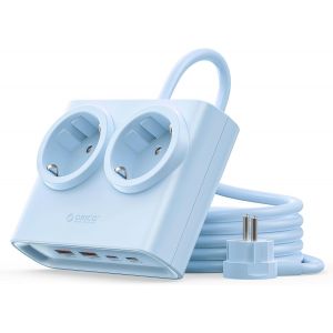 25W GaN 6-en-1 Multiprise Rallonge avec 2 Prises AC + 4 Ports USB (2 USB-C), Fiche Ultra-Mince & C&acirc;ble 1.6m, 2500W Max pour Maison/Bureau, Bleu - Neuf