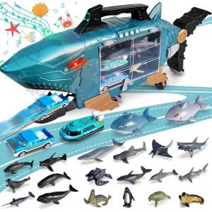 KAJGL-Requin Jouet Avec Led Et Musique Camion Transporteur Voiture Avec 2 Camion Jouet,2 Voiture Enfant Requin,18 Jouets Animaux Marins Camion Enfants Pour Garcon Et Fille De 3 Ans - Neuf