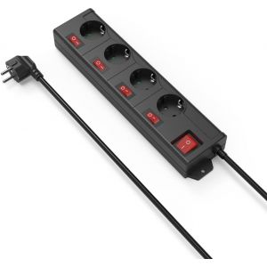 TIANYI-Multiprise avec Interrupteur (Bloc 4 Prises Schuko 16A, Interrupteur Individuel &eacute;clair&eacute;, id&eacute;al &eacute;conomie d'&eacute;nergie, Prises &agrave; 90&deg;, ?illet Suspension integr&eacute;, 3680W, Cable 1.4m H05VV-F) Noir - Neuf