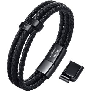 Cadeau Homme Bracelet Pour Papa : Gravure ""Papa Je T'aime"", Bracelets En Cuir Pour Homme Personnalis&eacute; Cuir Tress&eacute;, Bracelet Perles Bijoux Cadeaux Anniversaire Saint-Valentin No&euml;l F&ecirc;te Des P&egrave;res Noir - Neuf