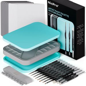Mevronisshop-Palette Peinture Set Avec Palette Humide, 11 Pinceaux, Sec, 100 Feuilles De Papier, 4 &Eacute;ponges, Porte-Pinceaux, Pour &Eacute;conomiser La Peinture, Pour Peinture Miniature (Bleu) - Neuf