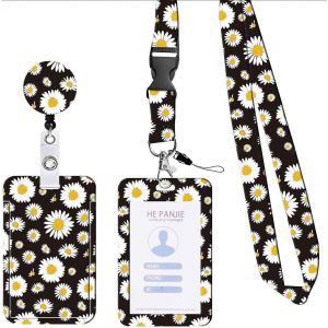 Porte Badge Cordon Tour De Cou Avec Porte-Cartes, Lanyard Strap Neck Avec Swivel Lobster Clasp, Porte-Passeport Avec Clip, Pour Femmes, Enseignants, Infirmi&egrave;res, M&eacute;decins (Marguerite) - Neuf
