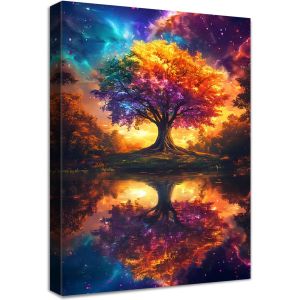 Teppc-Cadre En Bois Impression Sur Toile Arbre De Vie Coloré Tableau Affiche Decoration Murale Image Sur Toile Nuit Étoilée Onirique Tableau Decoration Murale Chambre Coucher Salle De Bains Couloir 4 - Neuf