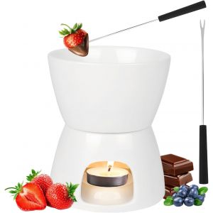 JEXNOVASHOP-Fondue au Chocolat en C&eacute;ramique, Service &agrave; Fondue Au Chocolat avec 2 fourchettes, Fondue Chocolat, Fondue Au Beurre Fondue Au Fromage, Fondoir pour Chocolat Et Fromage, Blanc, 400 ML - Neuf