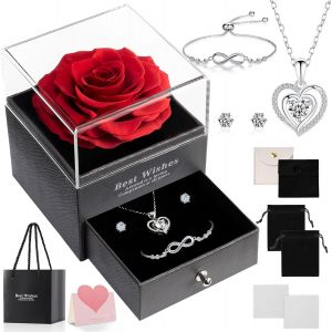 V&eacute;ritable Rose &Eacute;ternelle Avec Collier, Boucles D'oreilles, Bracelet, Bo&icirc;te Cadeau &Agrave; Roses Pour Saint-Valentin, Anniversaire De Mariage Pour Elle, Petite Amie - Neuf