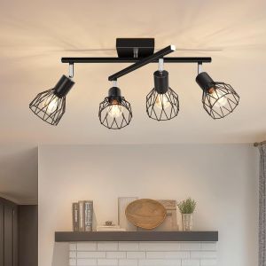 KAL-Plafonnier Led 4 Spots Orientable, Noir Spots De Plafond Intérieurs, Rampe Spots Avec Douille E14, Luminaire Spots Pour Chambre, Salon, Salle À Manger, Couloir (Sans Ampoules) - Neuf