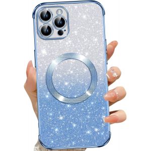 Eryi-Coque Magnétique Pour Iphone 12 Pro Max, Etui À Paillettes Compatible Avec Magsafe, Antichoc Charge Sans Fil Housse Pour Iphone 12 Pro Max, Avec 2 Verre Trempé, Bleu - Neuf