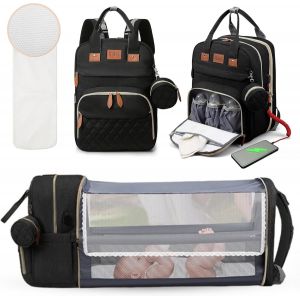 Asfasfq-Surkos Sac À Dos Pour Bébé Avec Matelas À Langer, Couches Pour Bébés Avec Porte-Biberon Thermique, Sac Poussette Bébé Et Berceau De Voyage, Sac À Dos Maternité Avec Port De Charge Usb, 18 Poc - Neuf