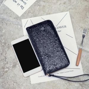 HJLIAN Portefeuille a fermeture eclair a paillettes pour etudiante, porte-cartes a boucle tendance (noir) - Neuf