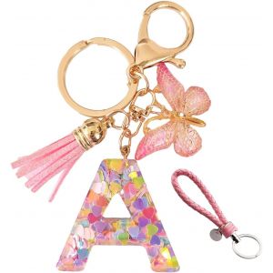KAL-1 Porte-Cl&eacute;s Lettre A En R&eacute;sine Avec 1 Porte-Cl&eacute;s En Cuir Tress&eacute; Rose, Porte-Cl&eacute;s Papillon, Porte-Cl&eacute;s En Forme De Coeur &Agrave; Paillettes, Rose, Taille Unique - Neuf