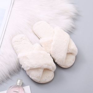 Croix De La Bande Peluche Confortable Maison De Chaussons Moelleux En Fourrure Open Toe Maison Chaussures Indoor Outdoor Diapositive Pantoufle¿Beige - Neuf