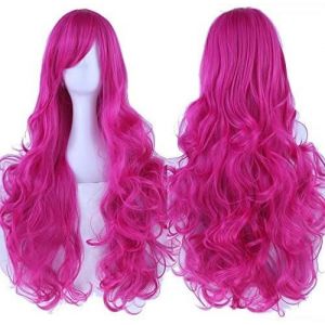 Kalanka-80cm Longue Perruque De Cosplay De Cheveux Naturels Boucl&eacute;s Avec Une Frange Color&eacute;e Halloween Costume Party Perruques Pour Les Femmes (Rose) - Neuf