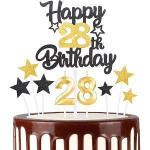 Ensemble De D&eacute;corations De G&acirc;teau D'anniversaire En Forme De Chiffre 28 Pour Anniversaire De Mariage Et D'anniversaire De Mariage-Num&eacute;ro 28-Bougies Dor&eacute;es Pour Homme Et Femme-Noir Et Dor&eacute; - Neuf