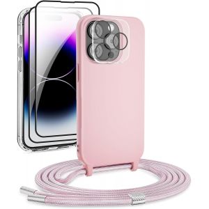 Checarzhn--No1-Ensemble De Chaîne De Téléphone Portable Pour Iphone 12 Pro Avec Bande, Silicone Coque, Coque Transparente, 2 Films De Protection, Protection Caméra, Or Rose - Neuf