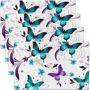 Sjzg-Bleu Purple Butterfly Sets De Table Lot De 4 Enfants Fille Mod&egrave;le,Impression De Fleurs Vintage Tapis De Table,Papillon Tapis De Table Antid&eacute;rapant,Animaux Sauvages Imperm&eacute;ables Sets De Table 45x - Neuf