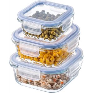 Ensemble De Boîtes En Verre Avec Clips De Fermeture Pour Conservation Alimentaire,Récipients Avec Couvercles Hermétiques (Carrés,Lot De 3) - Neuf