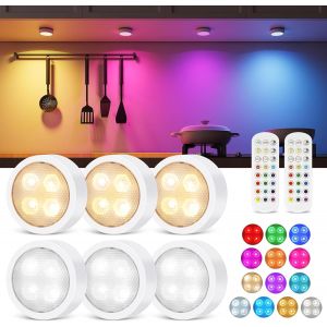Lampe De Placard, Spot Led Murale Sans Fil, Lot De 6 Veilleuse Rgb Lumiere Led À Pile Avec 2 Télécommandes, Dimmable Eclairage, Pour Escalier, Vitrines, Cuisine, Couloir, Miroir, Armoire - Neuf