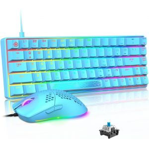 KALANKA-MK14 65% Mini Clavier Souris Gamer Bleu M&eacute;canique Switch 12000DPI LED Illuminer Legere Souris Bleu RGB Retro Eclair&eacute; Petit Clavier Gaming PC Mac Tablet Computer Laptpo Tapis De Souris - Neuf
