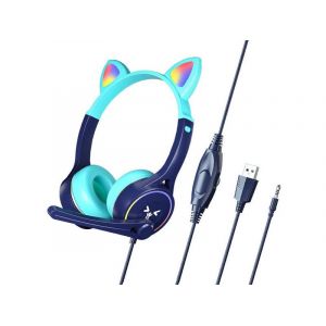 Casque De Jeu Filaire R&eacute;glable Avec Led, Bleu Clair, Oreilles De Chat, Pour Ps5, Pc, Xbox Et Mobile - Neuf