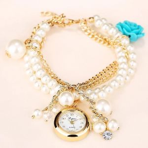Faux Perle Alliage Matériau Pendentif Cadran Quartz Mouvement Bracelet Montre Montre-Bracelet (Bleu) - Neuf