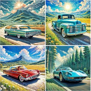Ayuhr-Lot De 4 Peintures Diamant Pour Voiture - 30 X 30 Cm - Peinture Diamant Pour Voiture - Motif Montagnes - Paysage De Voitures - Mosaïque - Peinture Diamant - Broderie Au Point De Croix - Neuf