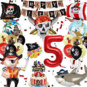 MEVRONISSHOP-D&eacute;coration Anniversaire Pirate 5 Ans, Ballon Anniversaire Pirate Garcon, Pierres Pr&eacute;cieuses Pi&egrave;ces D'or de Pirates Cadeaux, Decoration La F&ecirc;te Banni&egrave;re Deco G&acirc;teau (Kit Annivers Garcon 5 - Neuf