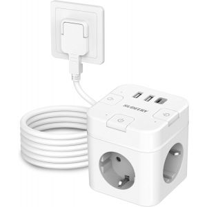 Cube multiprise 6 en 1 avec USB-C,3 prises cubiques,commutable individuellement,avec câble de 4 m,pour bureau,maison,voyage,blanc - Neuf