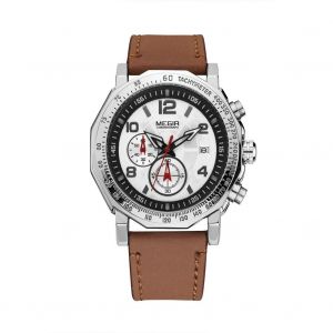 Megir Mode Hommes M&eacute;tal &Eacute;tanche Montre Bracelet En Cuir R&eacute;glable Accessoire (Marron + Blanc) - Neuf