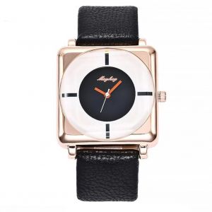 Mcykcy Double Miroir Cadran Rectangle Pu Montre À Quartz (Ceinture Noire Cadran Blanc) - Neuf
