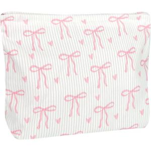 MAA-Trousse de Maquillage en Velours Côtelé Mignonne,Grande Capacité Glissière Portable Sac de Organiseur Cosmétique,Femmes Trousse de Toilette Voyage pour Ranger Les Cosmétiques,Noeud Coeur Rose Pâl - Neuf