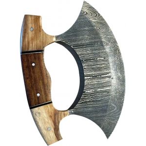 Couteau Ulu Artisanal avec Lame en Acier Damas, Manche en Bois et Insert Bleu (Marron Ulu-2) - Neuf