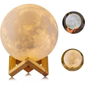 Lampe Lune 3d 15cm 2 Couleurs, Lampe Tactile Usb Rechargeable Veilleuse Tr&egrave;s Belle Lumi&egrave;re Sensible Avec Support En Bois Pour Chambre Cadeau No&euml;l - Neuf