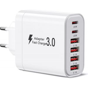 Chargeur USB C 52W, 6 Port PD+QC Station de Charge, Prise USB Multiple Secteur, Chargeur Rapide Type C Adaptateur Compatible avec iPhone 16/15/14/13/12/11/iPad/Galaxy S21/S22/S23/S24 - Neuf
