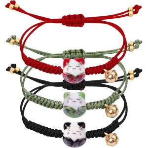 Eryi-3 Pièces Bracelet Chat Porte Bonheur Japonais Mignon Chat Bracelet En Perles En Céramique Bracelet Porte Bonheur Avec Cloche Réglable - Neuf