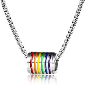 Trahoo-Gay Pride Collier Lgbt Accessoire, Arc-En-Perle Pendentif Bijoux Avec Chaîne (Acier Inoxydable), Sac Cadeau Pour Homme Femme (Argent) - Neuf