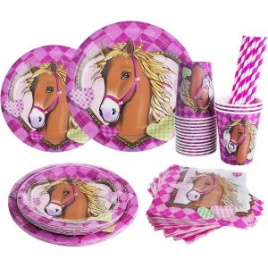 Set De Vaisselle Pour Anniversaire De Cheval,Pour 16 Invités,Fournitures De Fête De Cheval En Papier,Pour Les Enfants Décoration De Fête D'anniversaire De Douche Sur Le Thème Du Cheval - Neuf
