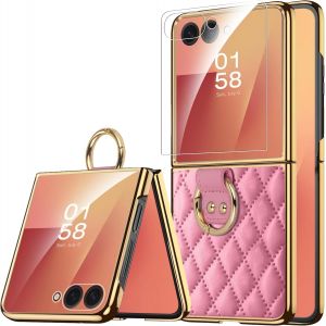 JGD-Coque pour Samsung Z Flip 7 avec Anneau, Protection d'&Eacute;cran Externe, Cuir PU Souple+Cadre Plaqu&eacute;, Anti-Rayures Antid&eacute;rapante Luxe &Eacute;l&eacute;gant Antichoc Samsung Flip 7 Coque pour Femme (Rose) - Neuf