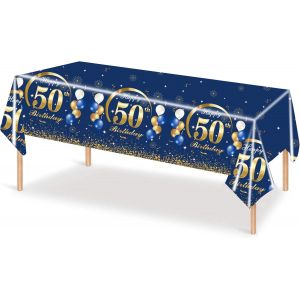 Kalanka-50 Ans Nappe Anniversaire,Bleu Et Or Nappe Fête 50 Ans Anniversaire,137x274cm Nappe Happy 50th Birthday Couverture Rectangulaire Nappe Party De Table À Manger Cuisine Banquet - Neuf