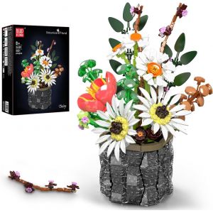 Kit De Construction Botanique Fleurs Avec Vase - Bouquet Printanier (Marguerite, Tournesol, Tulipe), Cadeau Cr&eacute;atif Diy Pour Femme - D&eacute;coration Bureau Et Maison - 1157 Pi&egrave;ces - Neuf