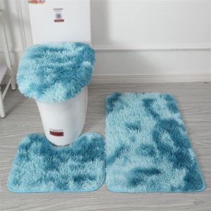 KAL-Lot De Tapis De Bain Antidérapant, 3 Pièces, Tapis Contour Toilette À Poils Longs, Shaggy Couvercle Pour Abattant Wc Tie Dye Bleu 2 - Neuf