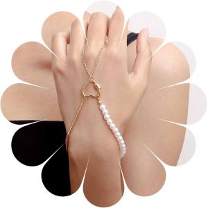Eryi-Boho Finger Ring Love Bracelet Superposition Perle Or Main Chaîne Or Esclave Doigt Bague Bracelet Perlé Bracelet Pièce À Main De Mariée Harnais À La Main Bijoux Pour Femmes Et Filles - Neuf