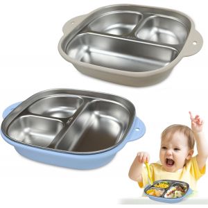 2 Pi&egrave;ces Assiette Ventouse Pour B&eacute;b&eacute;,Assiette Bebe Ventouse,Assiette Enfant En Acier Inoxydable Pour Chaises Hautes,Plateau Et Tables (Bleu + Beige) - Neuf