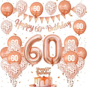 CAUC-Decoration Anniversaire 60 Ans, Ballons Anniversaire avec Ballon Rose Gold, Ballon Paillette et Ballon 60 Ans, Banderole Joyeux Anniversaire, Topper Happy Birthday, pour Decoration Anniversaire - Neuf