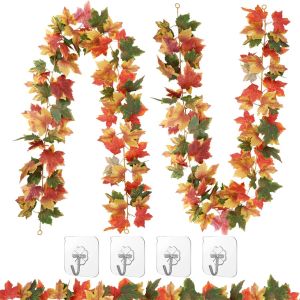 Cauc-2pcs Guirlande De Feuilles D'&eacute;rable Artificielles,178cm Guirlande Feuilles Automne D&eacute;coration Automne,Guirlande Automne,Mariage, D&eacute;coration De Chemin&eacute;e D'halloween, Livr&eacute; Avec 4 Crochets - Neuf