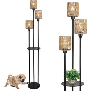 Subzonal-Lampadaire Boho, Lampadaire 3 Lumi&egrave;res En Rotin Avec &Eacute;tag&egrave;re, Lampadaire Industriel Avec Interrupteur &Agrave; Pied Et Abat-Jour En Rotin, Lampadaire Haut Pour Salon, Chambre &Agrave; Coucher Et Bureau - Neuf