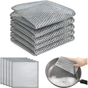 KGABERY-Chiffons De Nettoyage Réutilisables,5Pcs Chiffons À Vaisselle Torchon Multifonctionnel En Fil Métallique Anti-Rayures,Chiffons À Vaisselle En Fil Métallique Double Couche,Torchons En Microfib - Neuf